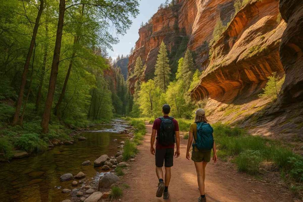 Hikers crossing a leaf-covered West Fork Trail autumn creek lined with golden cottonwoods in Sedona.