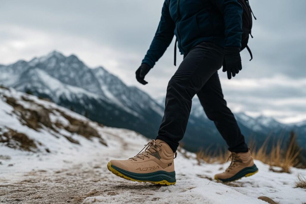 Altra Olympus 6 Hike Mid GTX boot featuring wide toe box and Gore-Tex waterproofing on rocky path.