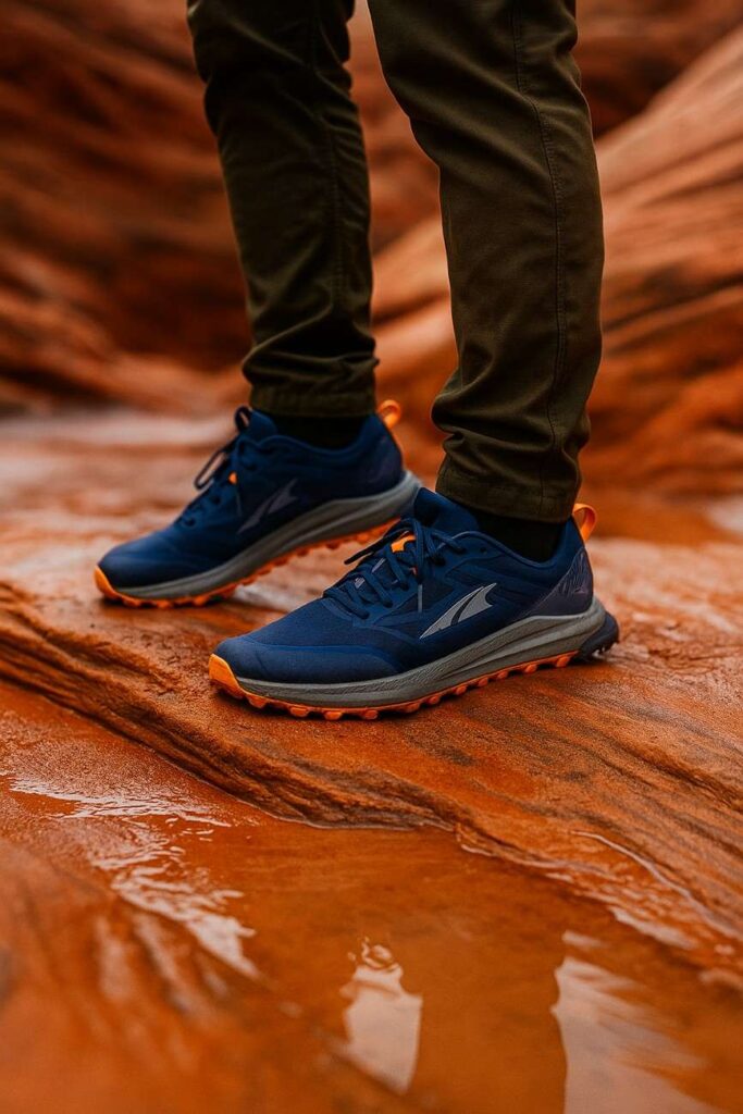 Close‑up of Altra Lone Peak 9 zero‑drop trail shoe gripping wet sandstone slab in Utah desert.