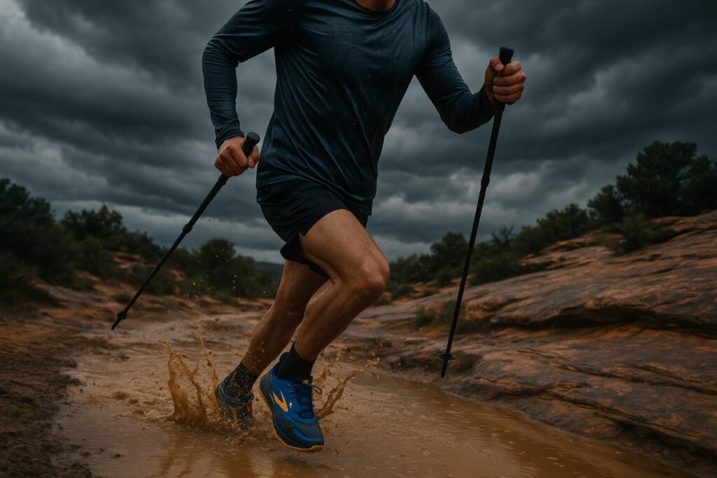 Mid‑body of trail runner in Cascadia 18 splashing mud on Gooseberry Mesa Trail.