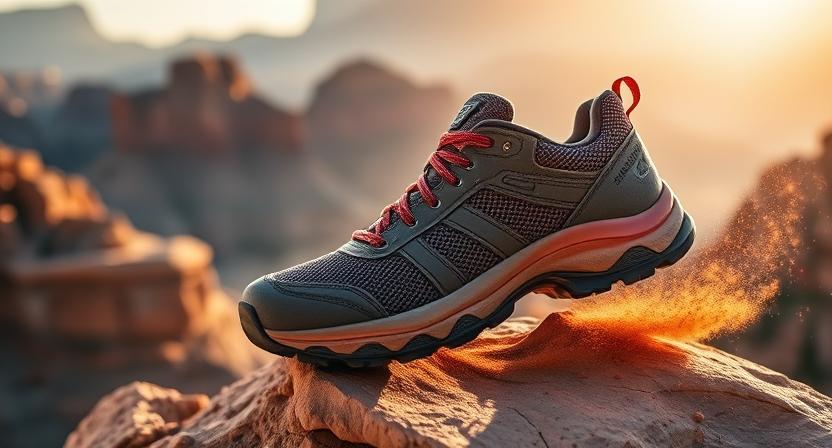 Close-up of best hiking shoes on a sun-warmed sandstone ledge in a Utah canyon at dawn, showing its textured lugs pressed into red dust, reinforced toe cap, and scuffed mesh upper against a misty, layered cliff background.