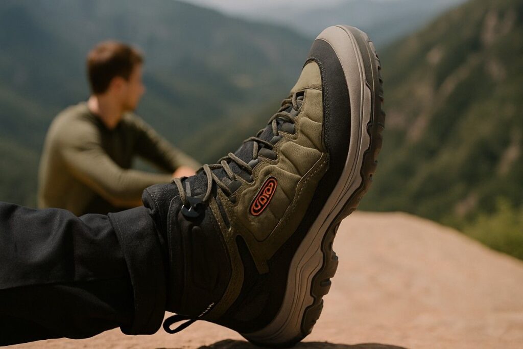 KEEN Targhee III Mid hiking boot with all-terrain grip on forest trail.
