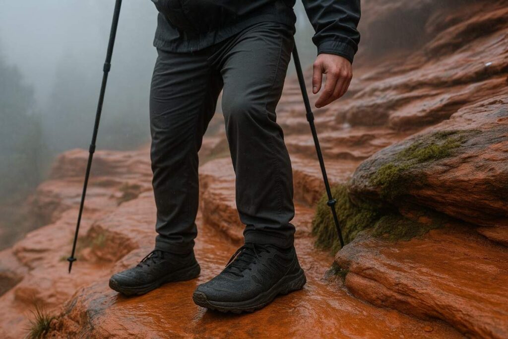 Mid‑body of hiker in Keen Zionic Waterproof on Cathedral Rock’s rain‑soaked steps.