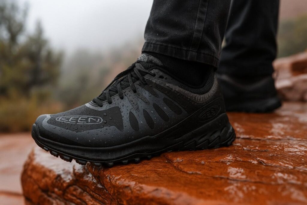 Close‑up of Keen Zionic Waterproof hiking shoe on wet, mossy red‑sandstone steps.