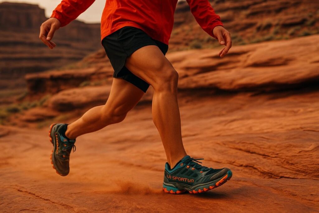 Mid‑body of runner in La Sportiva Bushido III on White Rim Trail kicking up red sand.