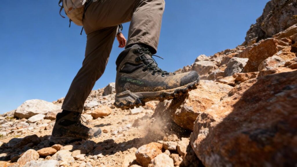 Legs shot of hiker climbing hiking rocks wearing La Sportiva Ultra Raptor II Mid GTX.