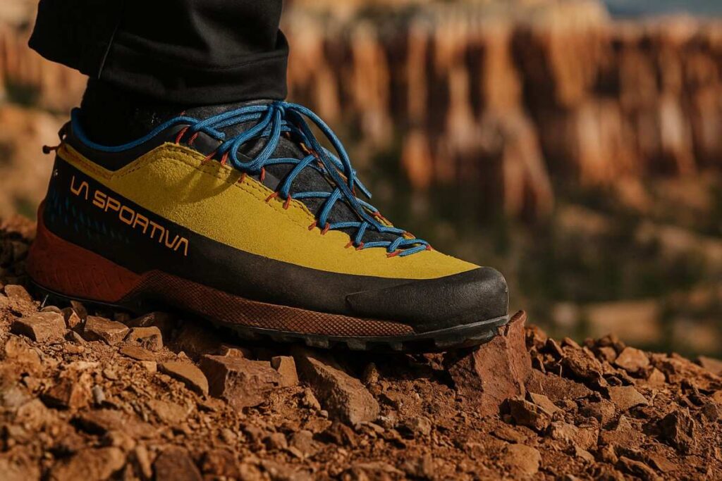 Close‑up of La Sportiva TX4 EVO GTX approach shoe on mixed scree and boulder terrain.
