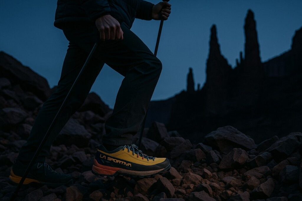 Mid‑body of climber in TX4 EVO GTX on Fisher Towers scree slope at twilight.