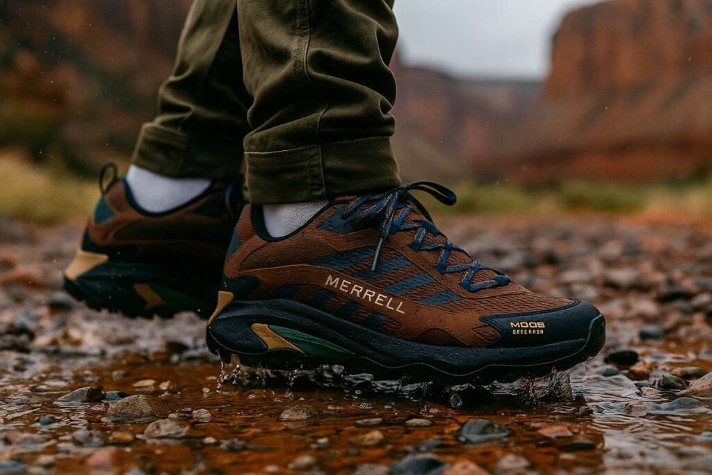 Close‑up of Merrell Moab Speed 2 GTX waterproof shoe splashing through shallow river rocks