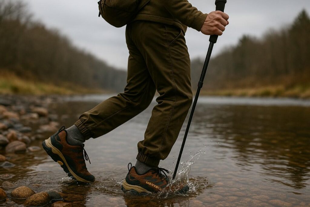Mid‑body of hiker fording river in Merrell Moab Speed 2 GTX on Ice Age Trail with trekking pole
