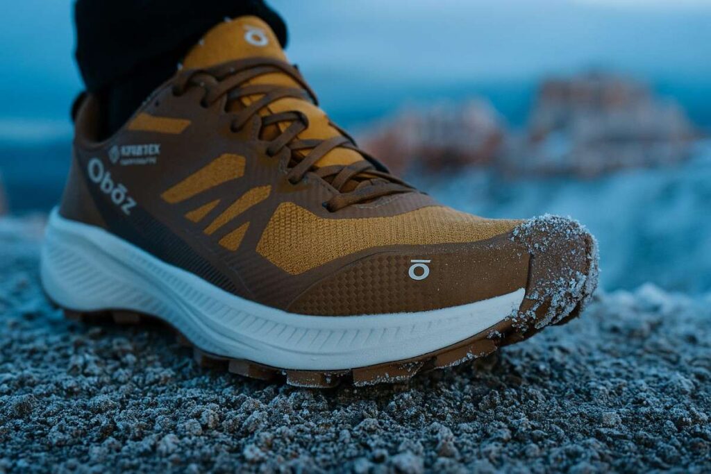 Close‑up of Oboz Katabatic LT Low GTX shoe lugs gripping frost‑coated granite.
