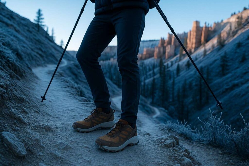 Mid‑body of hiker in Katabatic LT GTX on icy Skyline Trail at dawn.