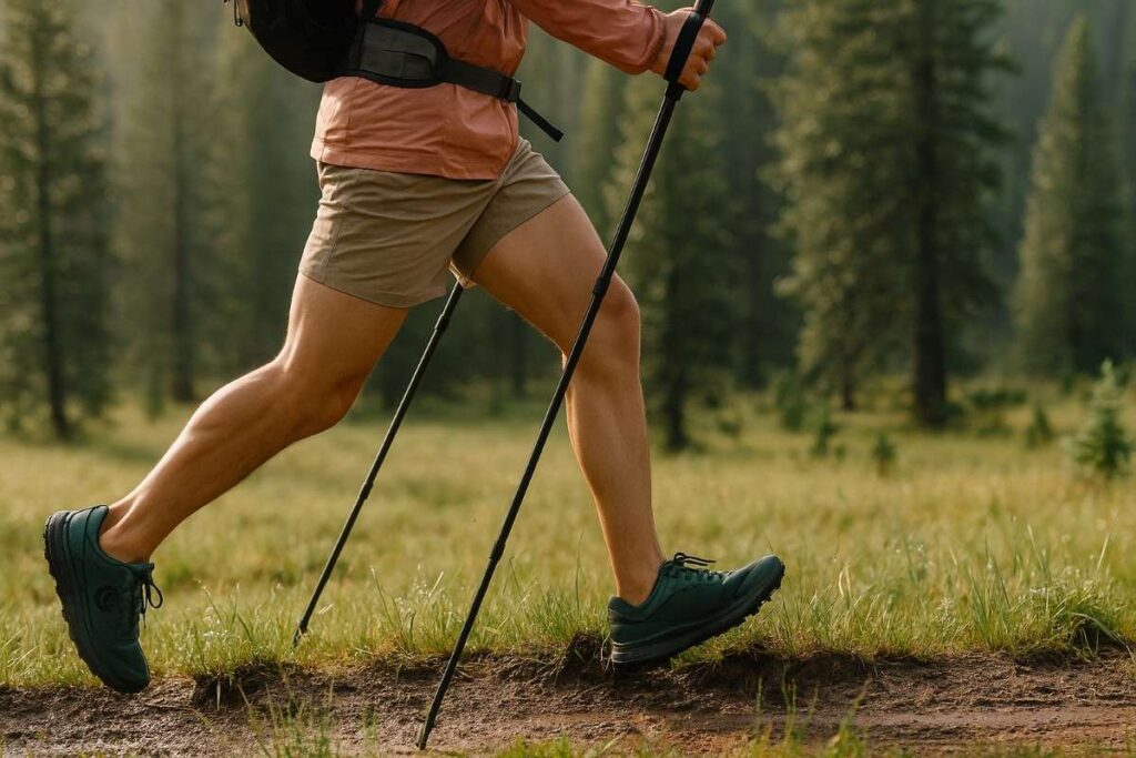 Mid‑body of fastpacker in Topo Traverse crossing meadow on Fairyland Loop.