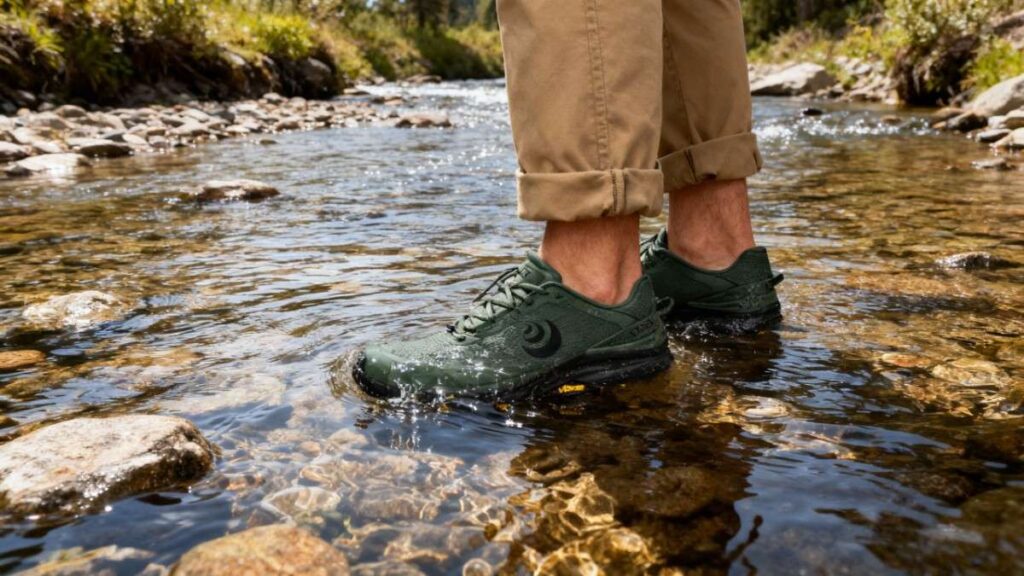 Hiker standing firm in a water stream wearing Topo Athletic Traverse.