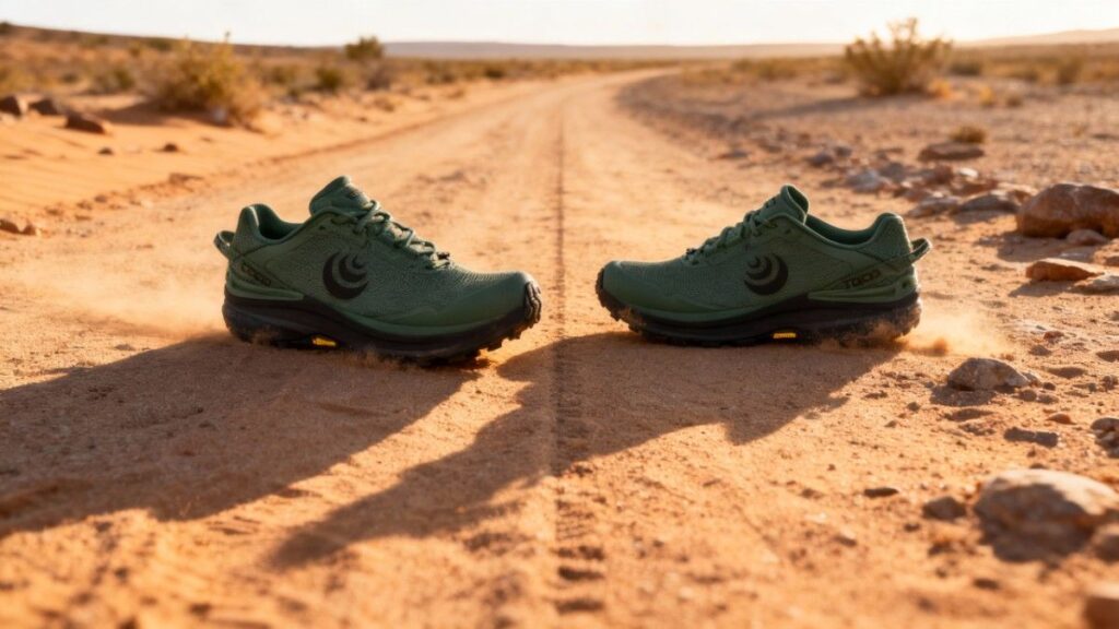 Topo Atletic Traverse pair placed on a dirt trail.
