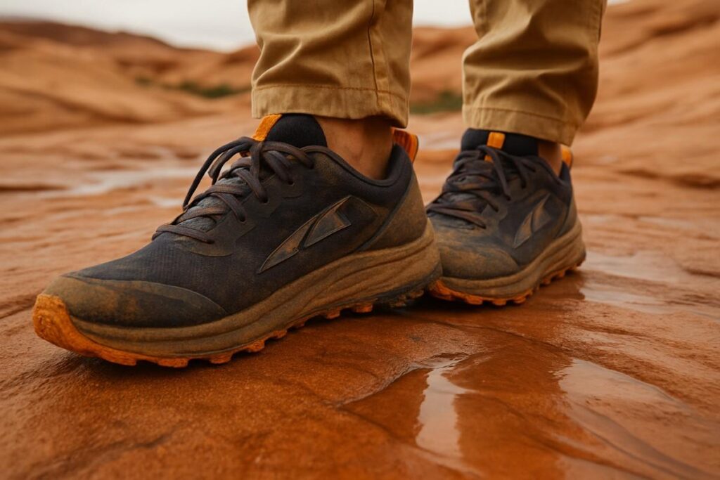 Mid‑body of hiker wearing Altra Lone Peak 9 on Zion West Rim Trail stepping on slickrock with 30 lb pack.