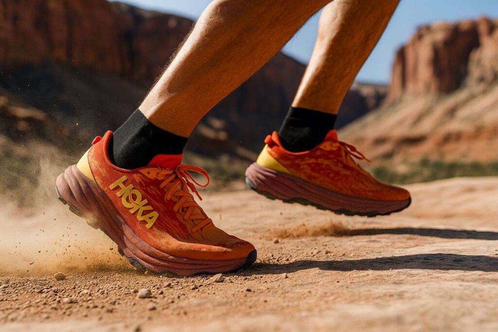 Close‑up of Hoka Speedgoat 6 trail running shoe lugs biting into desert sand.