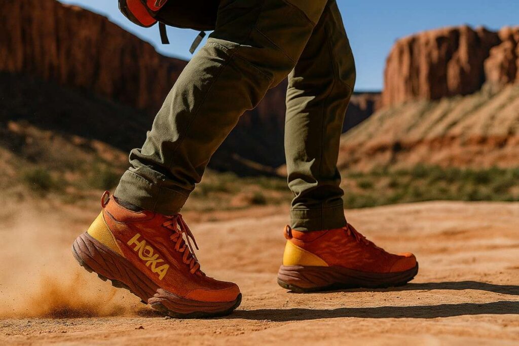 Mid‑body of runner in Hoka Speedgoat 6 powering across dust trail on Mountains trail.