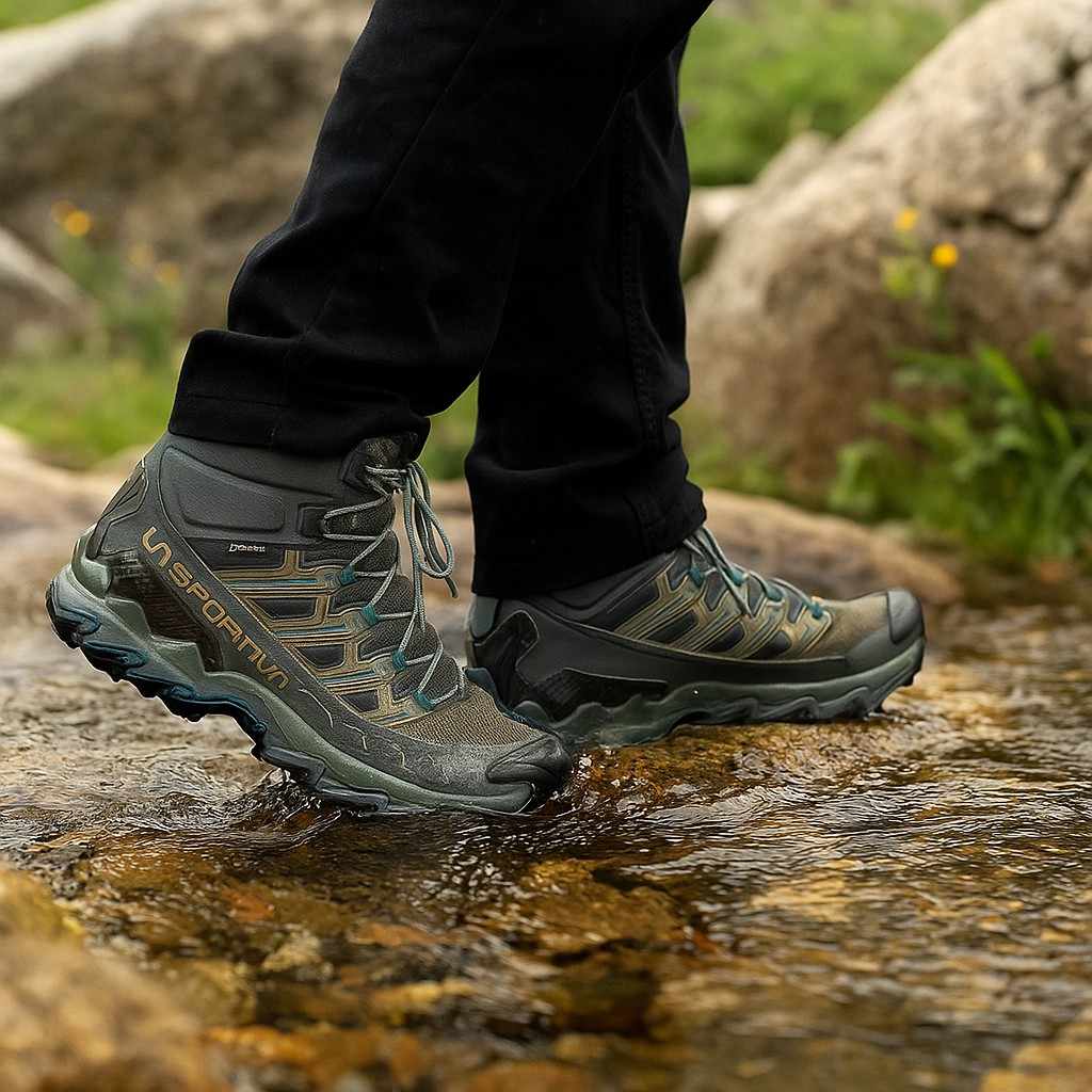 La Sportiva Ultra Raptor II Mid Leather hiking boot with durable leather upper on rugged trail.
