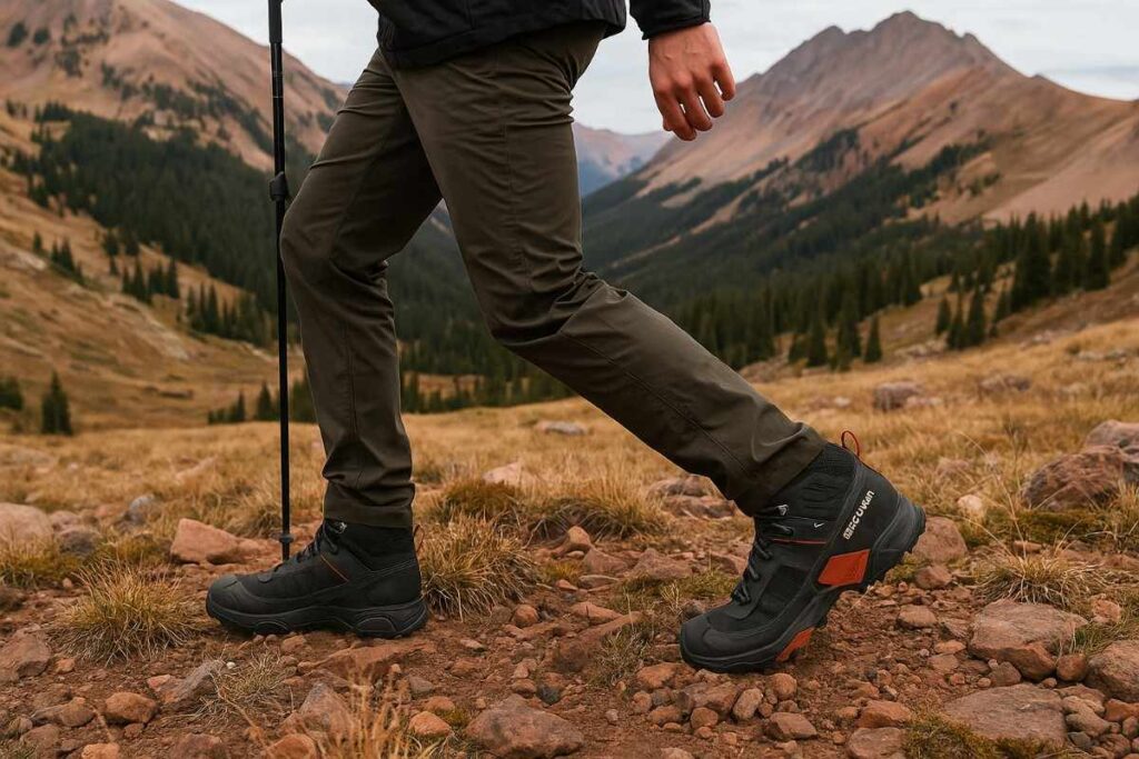 Salomon X Ultra 5 Mid GTX hiking boot with waterproof Gore-Tex design on rocky trail.