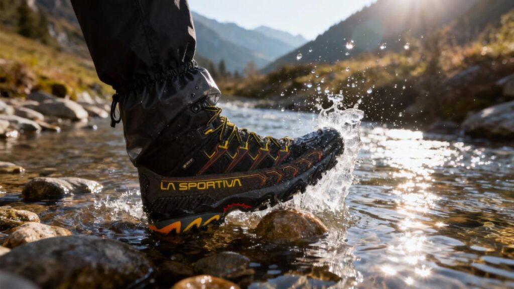 Hiker's legs wearing La Sportiva Ultra Raptor II Mid GTX  & crossing water stream. 