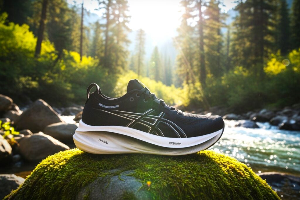 ASICS GEL-Nimbus 26 placed on a rock in outdoor environment.