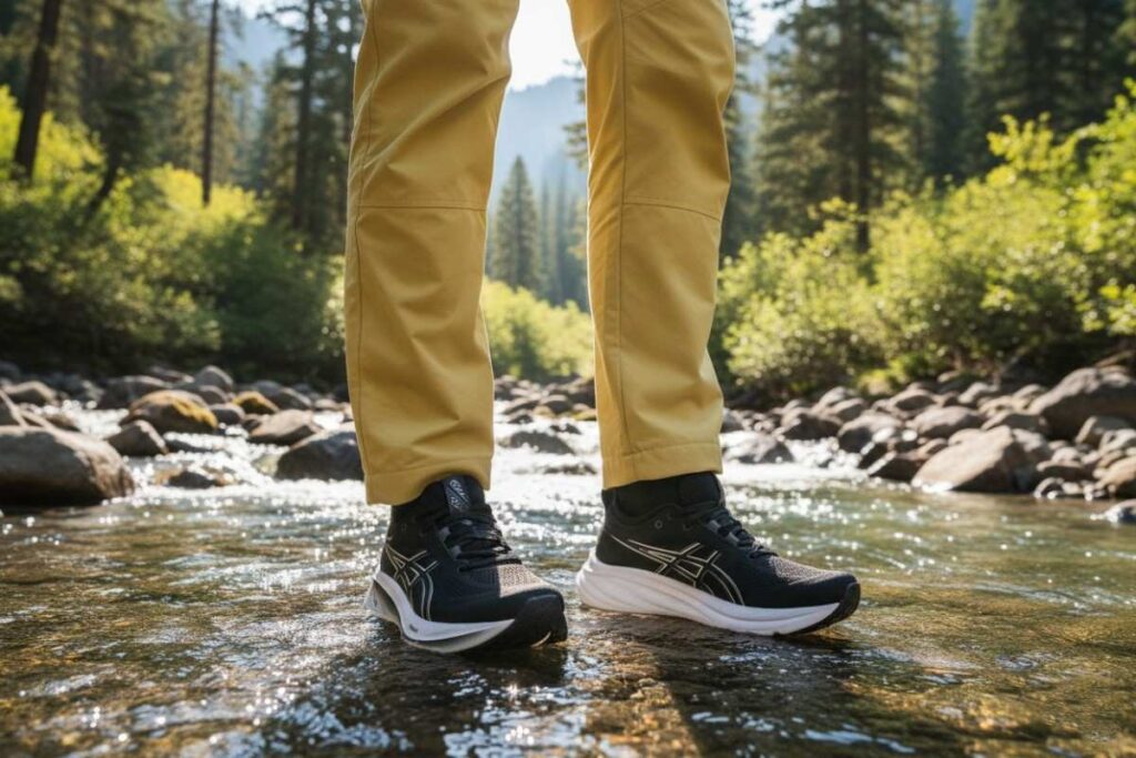 Hiker standing firm in a water stream wearing ASICS GEL-Nimbus 26.