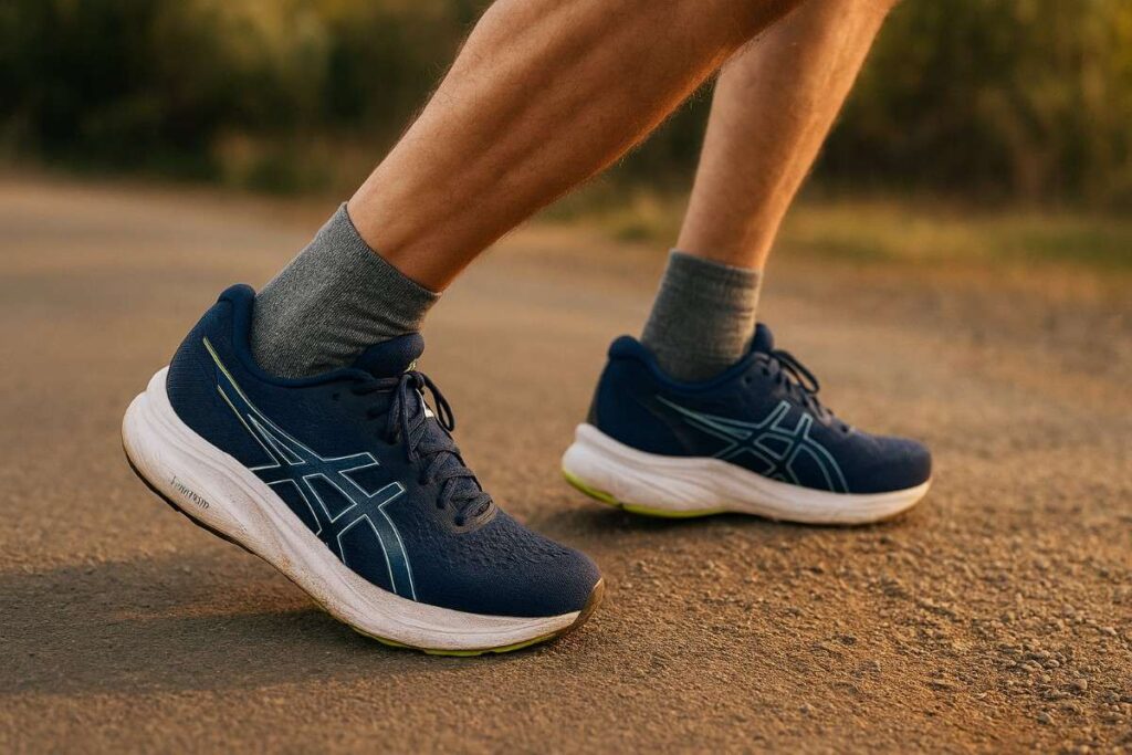 Hiker legs in ASICS GEL-Nimbus midstride on rolling service road — cushioned heel strike and smooth rocker for PF.