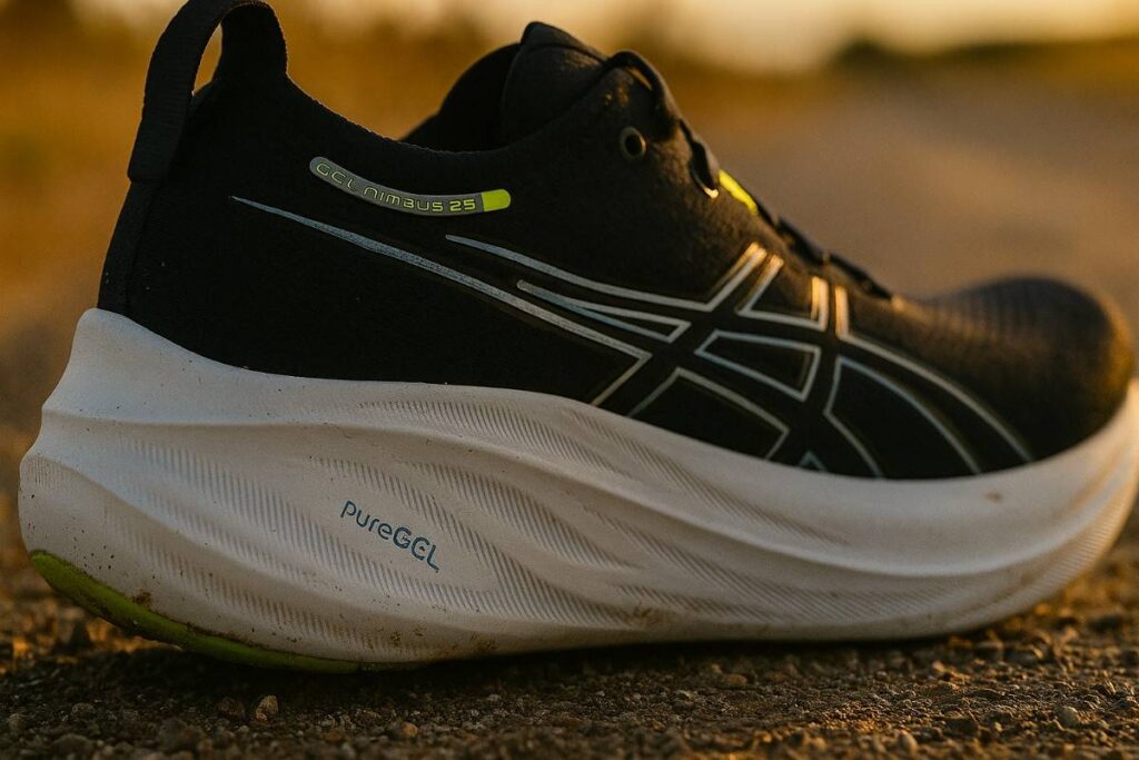 ASICS GEL-Nimbus heel close-up on paved-to-gravel road — GEL shock absorption for plantar fasciitis relief.