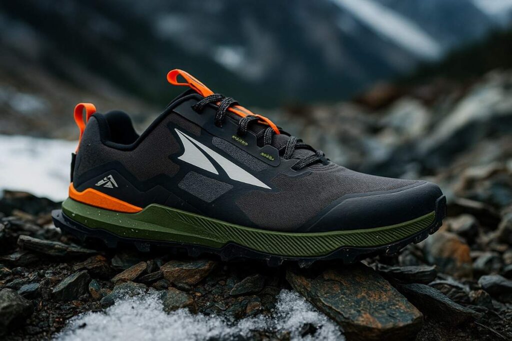 Close-up of Altra Lone Peak 7 shoes on desert sandstone trail in Utah canyon.
