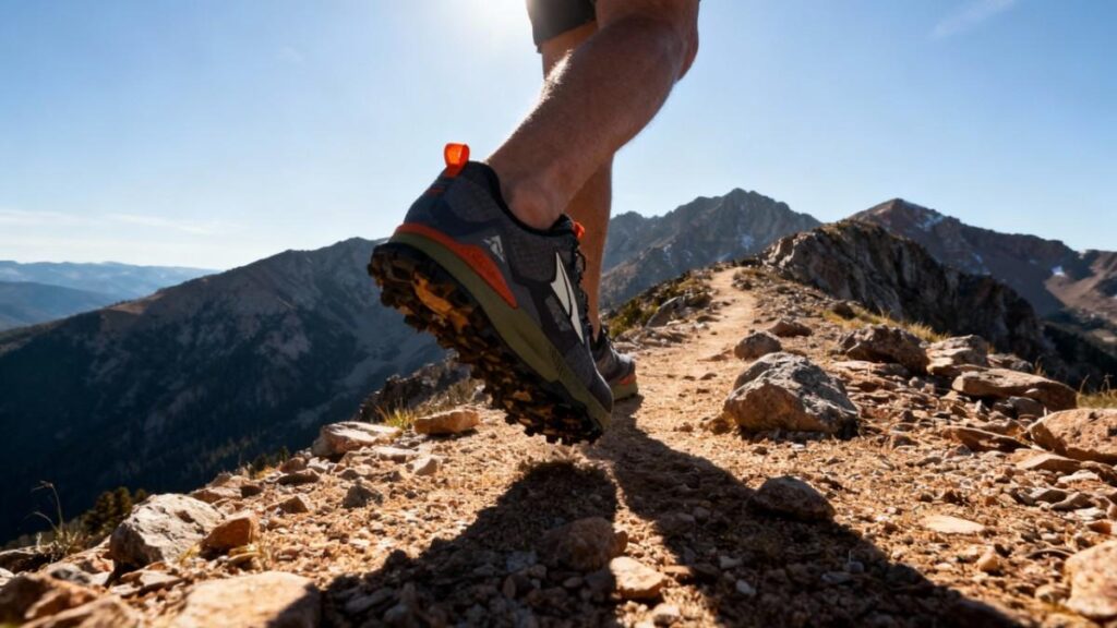 Back view of hiker walking with Altra Lone Peak 7.