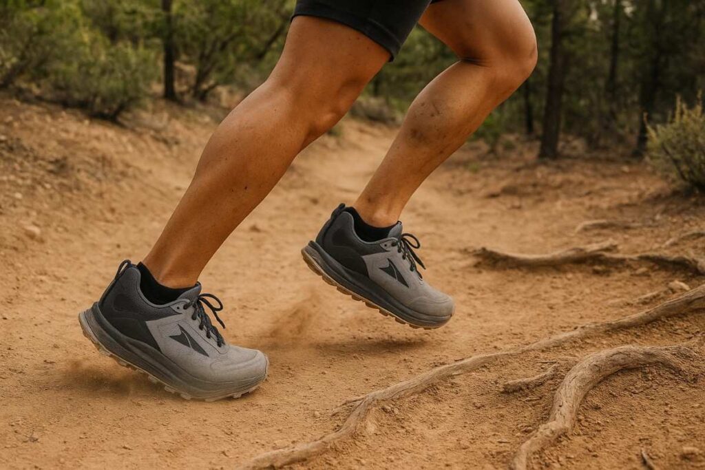 Hiker running in Altra Lone Peak 9 Waterproof shoes on a desert-to-forest trail.