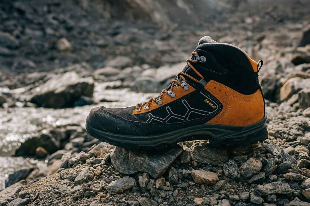 Asolo Falcon GV close-up on alpine scree with meltwater runoff — technical approach boot for slabs