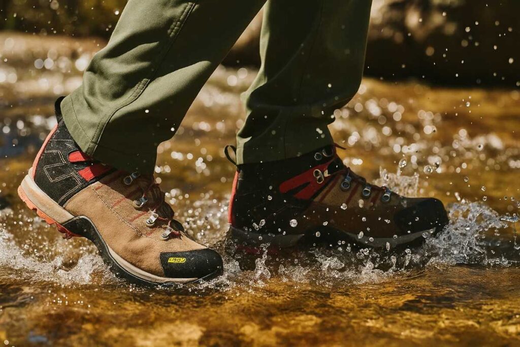 Close-up of hiker wearing best leather hiking boots while crossing water stream.