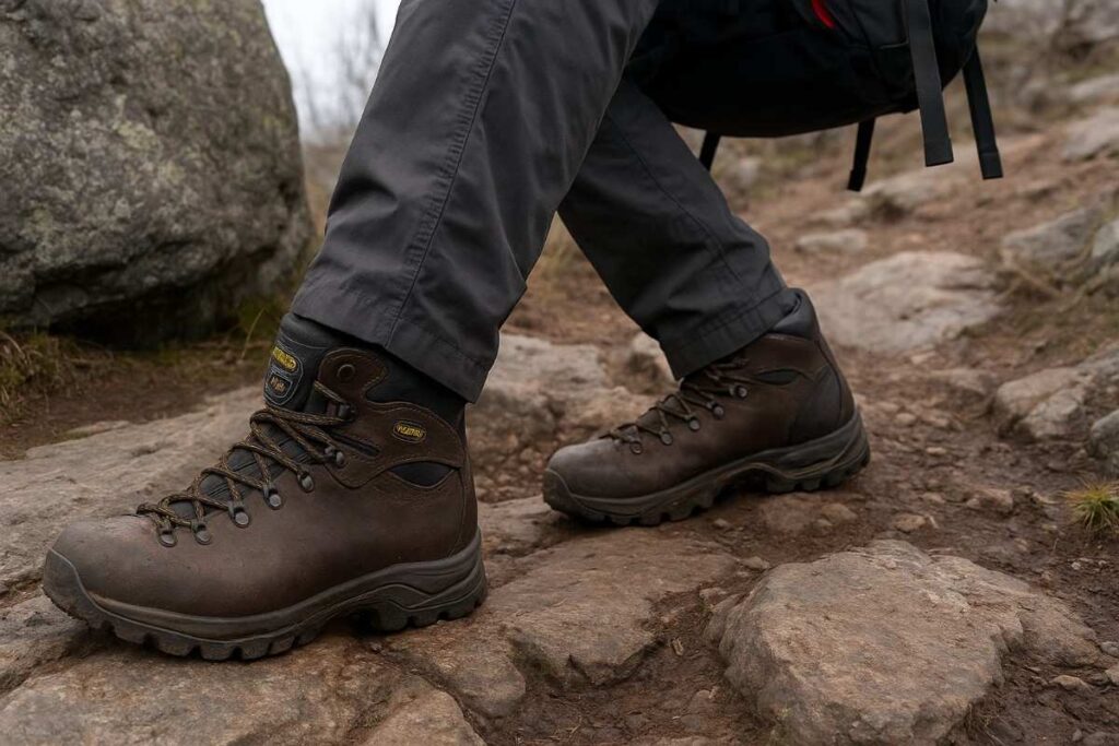Hiker crossing wet rocky trail in Asolo TPS 520 GV Evo boots.