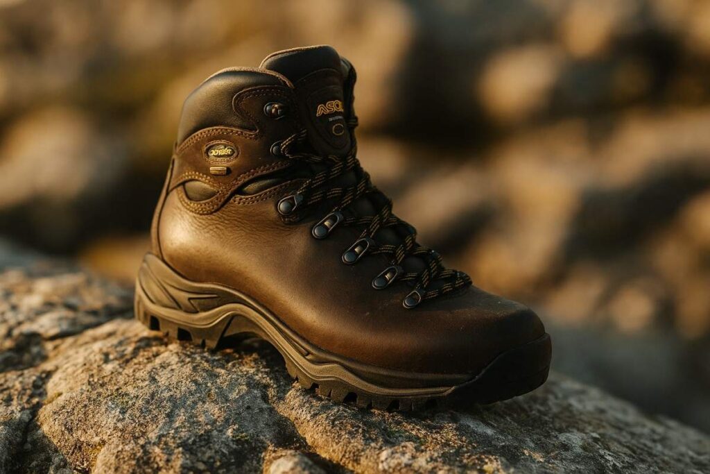 Close-up of Asolo TPS 520 GV Evo leather hiking boots on slick, rocky terrain.