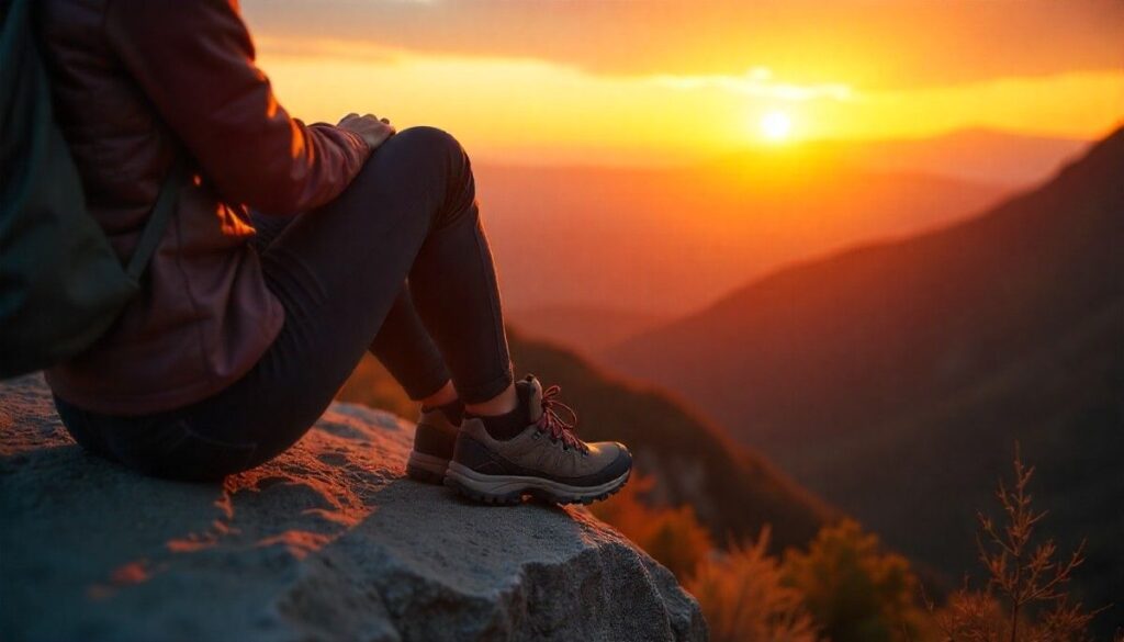 Hiker resting on cliff while hiking with leather hiking boots.