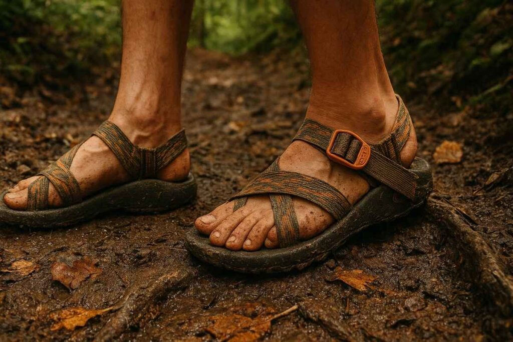 Hiker crossing river rocks in Chaco Z/1 Classic sandals.