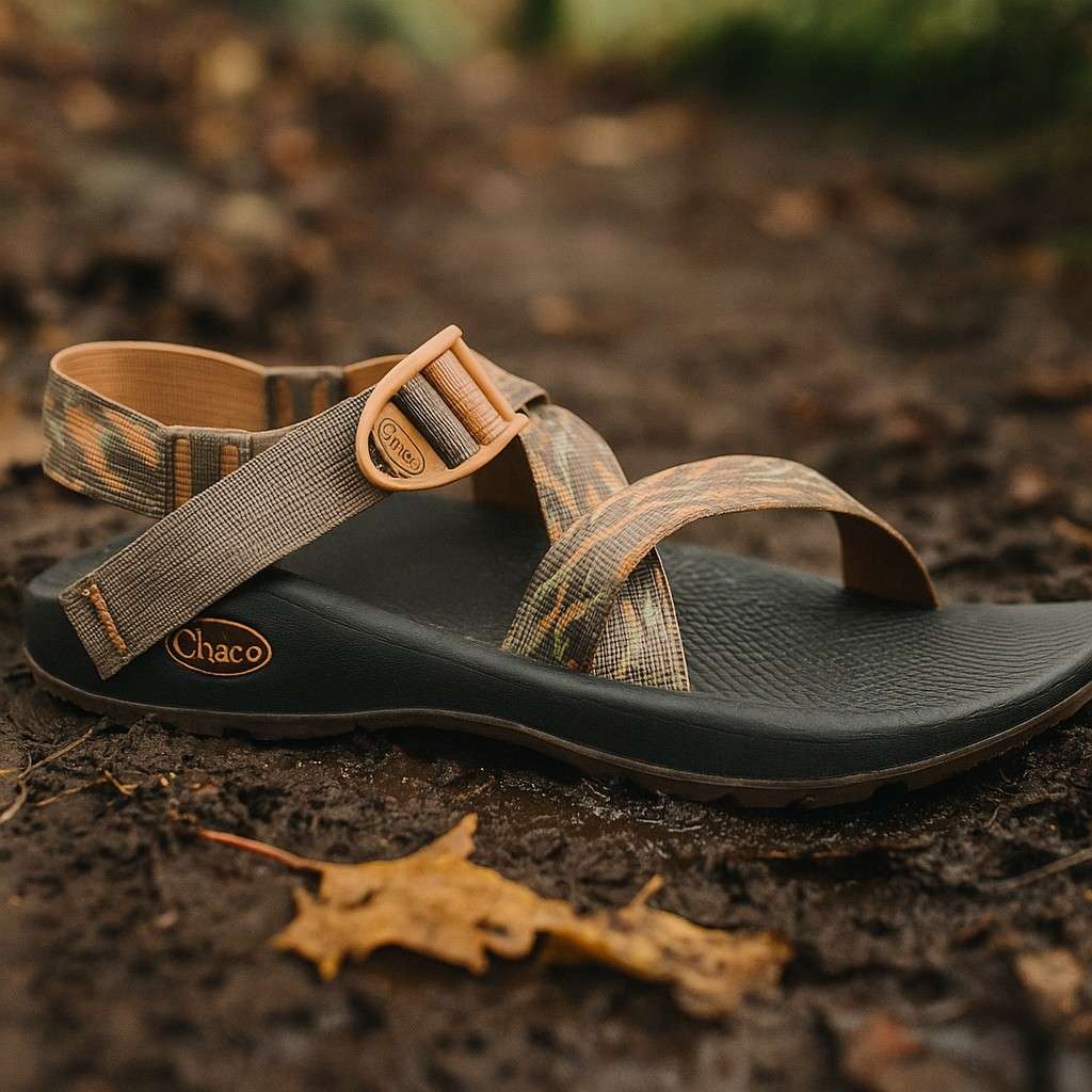 Chaco Z/1 Classic sandals with Vibram outsole on wet riverbank stones.
