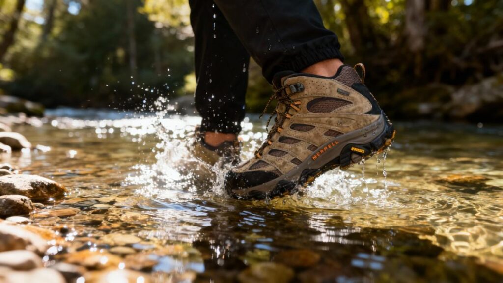 Hiker crossing water stream wearing best lightweight waterproof hiking boots. 