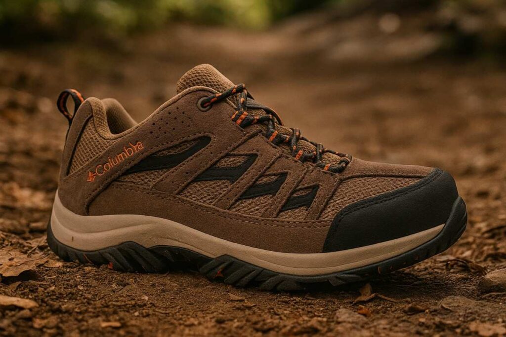 Columbia Crestwood trail shoe close-up on a New England ridge connector with packed dirt and leaf litter.