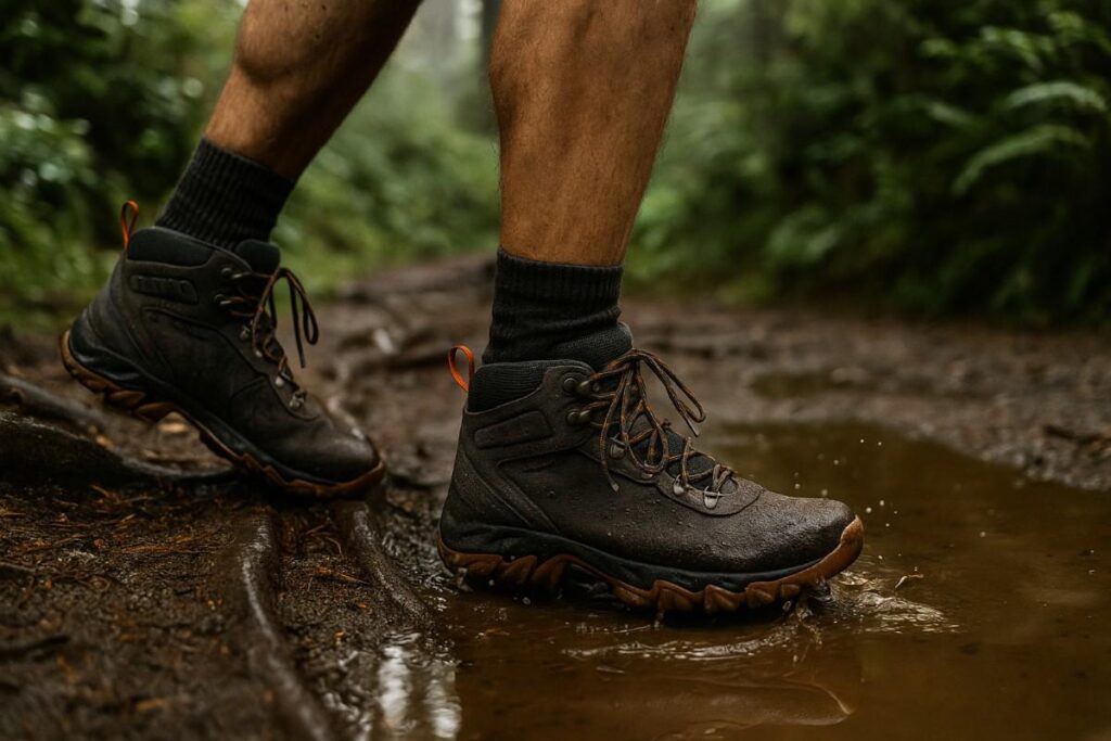 Hiker legs in Columbia Newton Ridge Plus II boots crossing a muddy PNW trail with wet roots.