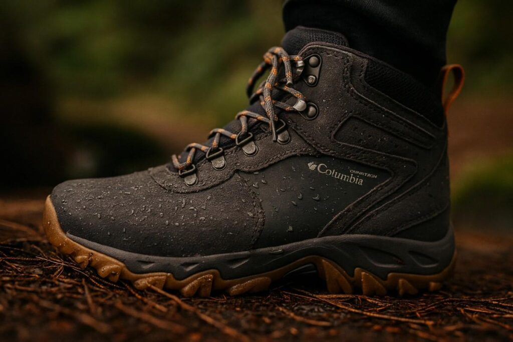 Columbia Newton Ridge Plus II waterproof boot close-up on muddy Pacific Northwest forest floor with water droplets.