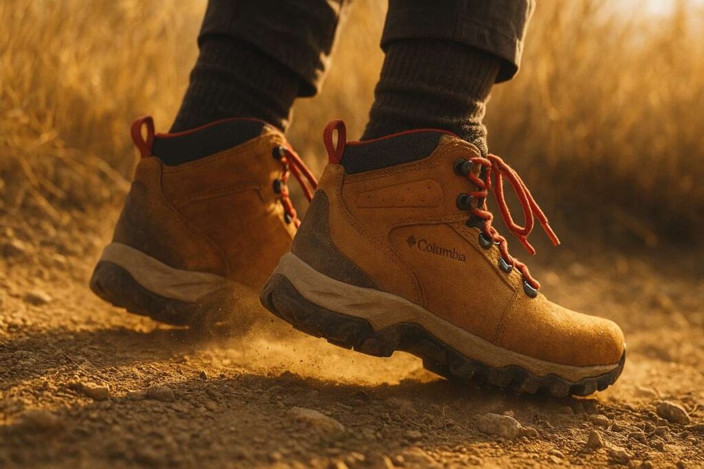 Hiker legs wearing Columbia Newton Ridge Plus II on rocky trail with dust — roomy, orthotic-ready boot.