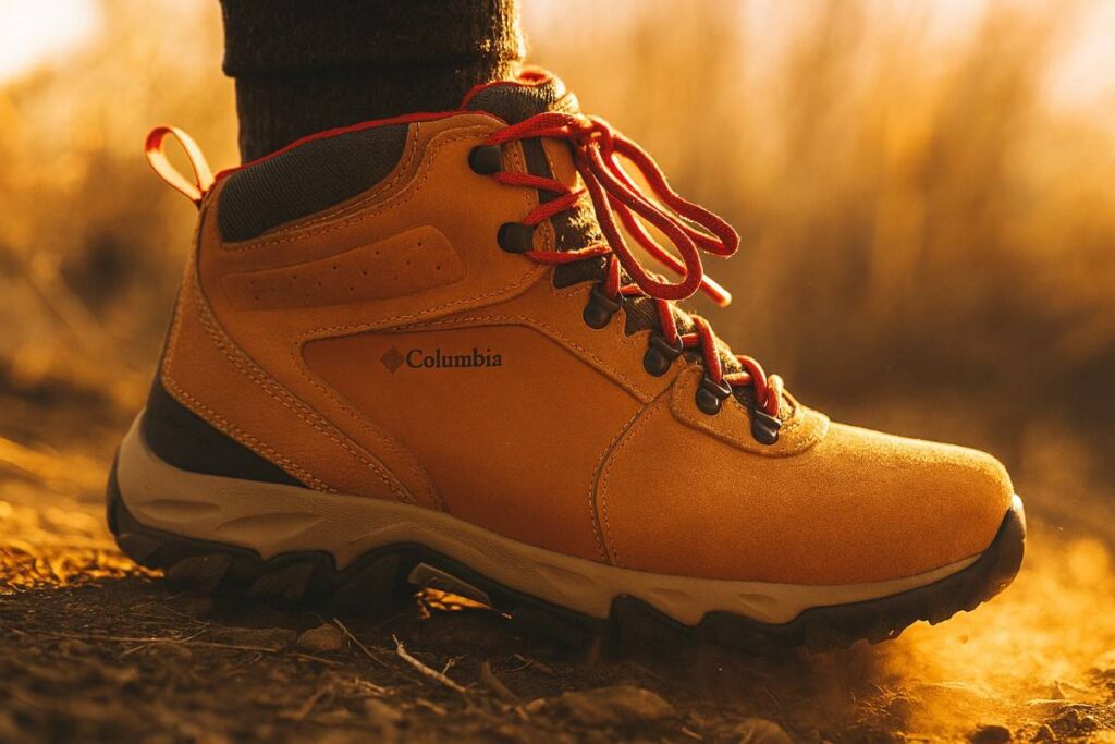 Columbia Newton Ridge Plus II waterproof boot close-up on rocky dirt trail with dry grass — budget waterproof boot.