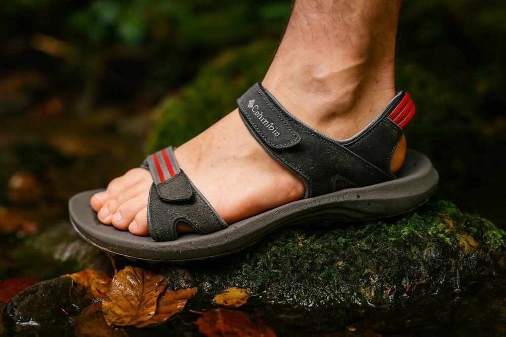 Columbia Trailstorm Hiker 2-Strap sandals with rugged grip on forest ground.