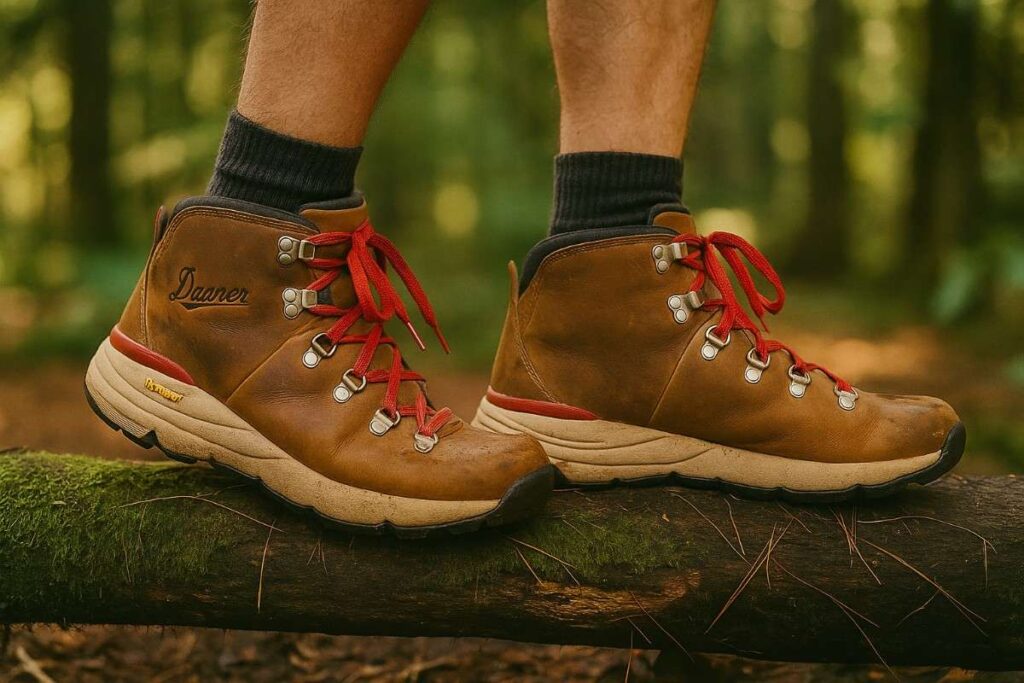 Hiker legs in Danner Mountain 600 balancing on mossy forest log — stable, orthotic-friendly hiking boot.