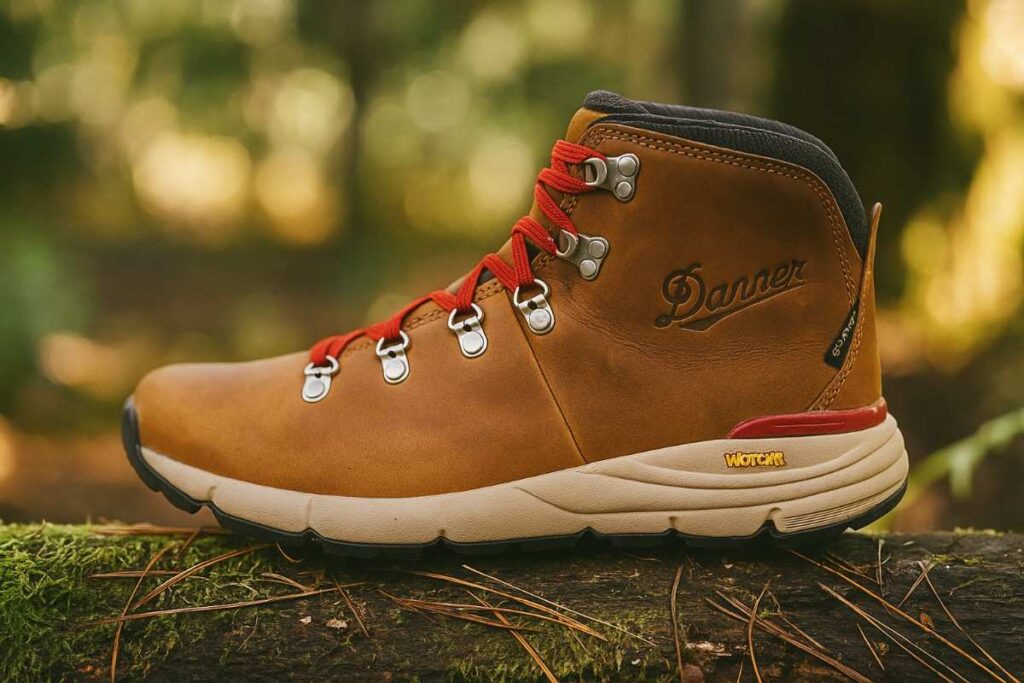 Danner Mountain 600 close-up on mossy log and damp forest soil — heritage boot with Vibram grip.