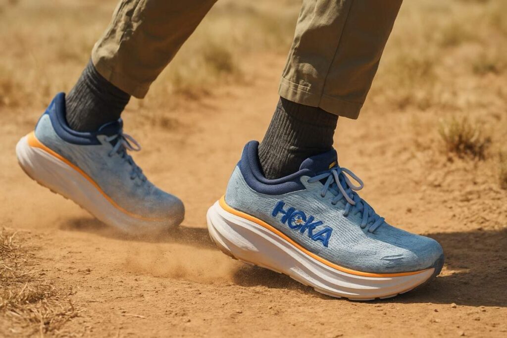 Hiker legs in HOKA Bondi 9 walking a sunlit dusty doubletrack — planted stride and shock absorption for plantar fasciitis.