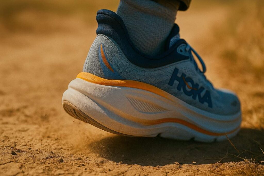 HOKA Bondi 9 wide heel stack close-up on dusty high-plains doubletrack — maximal cushion for PF relief.